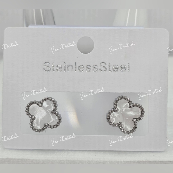 Fashion Jewelry Jewelry - White Mother Of Pearl Clover Stainless Steel Stud Earrings - Rhodium Trim ER151
